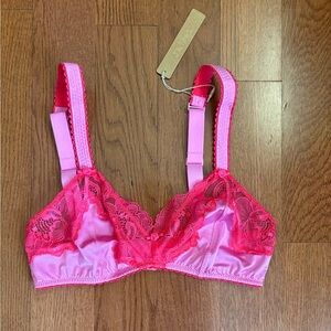 SKIMS Pink Satin Bralette with Hot Pink Lace Trim. Size Small. NWT